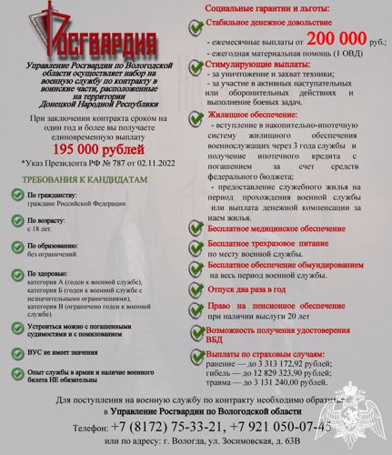 РОСГВАРДИЯ ПРИГЛАШАЕТ ЖИТЕЛЕЙ ВОЛОГОДСКОЙ ОБЛАСТИ НА СЛУЖБУ В ВОЙСКОВЫЕ ЧАСТИ ДОНЕЦКОЙ НАРОДНОЙ РЕСПУБЛИКИ